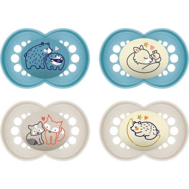 MAM Original Pure Day & Night Dummy Set of 4, Baby Dummies Made Material, MAM SkinSoft Silicone Teat with Dummy Box, 6-16 Months, Bear/Fox/Moon