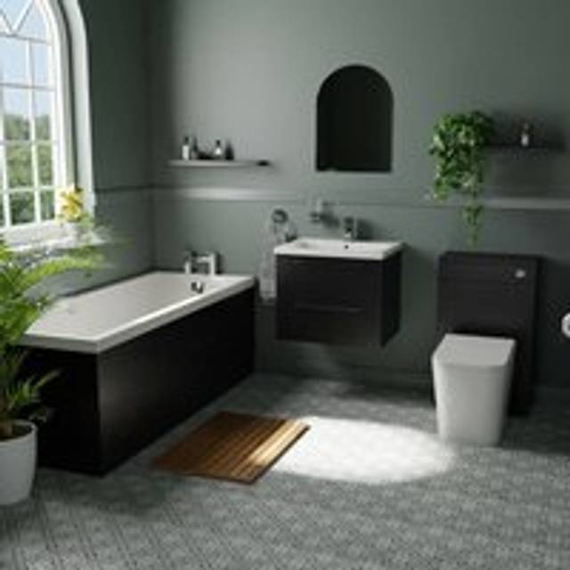 Wholesale Domestic Stockwell Straight Single Ended Bathroom Suite including Furniture Set with Polished Chrome Handles | Nero Oak | ABS Polished Chrome | 1700mm