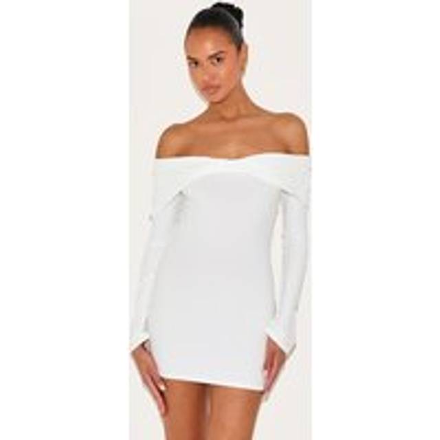 Cream Soft Touch Twist Detail Bardot Bodycon Dress, White - 8