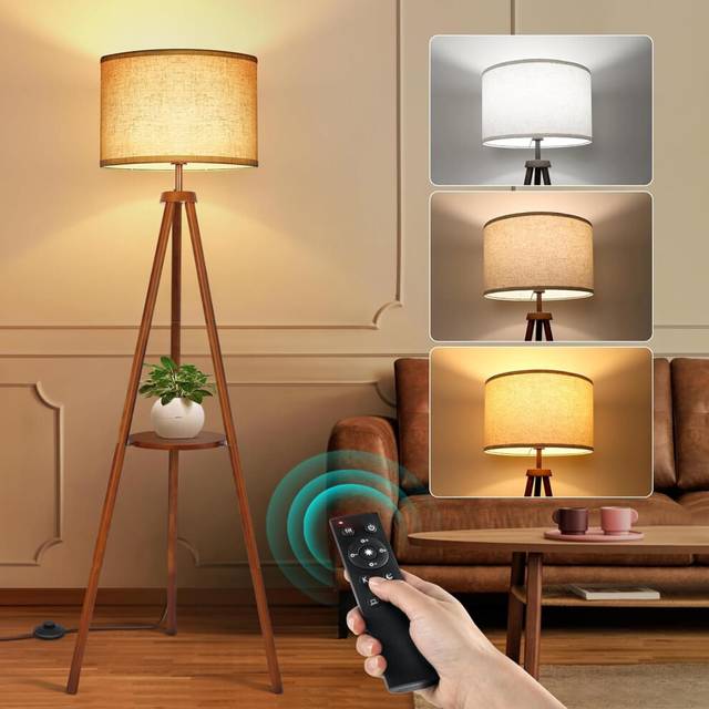OUTON Solid Wooden Tripod Floor Lamp, Bulb Included, Standing Lamp with Remote Control, Dimmable & 4 Color Temperatures, 1H Timer, Floor Lamp with Sto