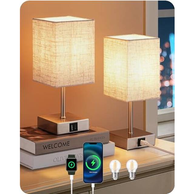 EDISHINE Bedside Lamps Set of 2, Touch Table Lamps with 2 USB Ports, Pleated Fabric Shade, 3 Way Dimmable Lamp for Bedroom, Living Room, Home Office,