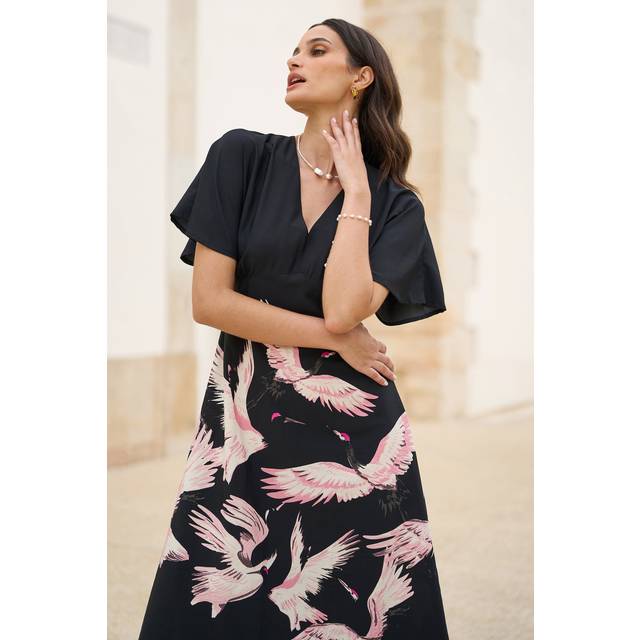 Yumi Women's Plus Size Black Crane Bird Print Dress Curves New Look - UK 24
