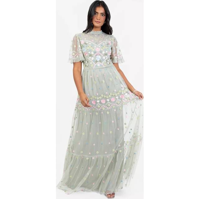 Maya Deluxe Embroidered High Neck Tiered Maxi Dress, Green Lily