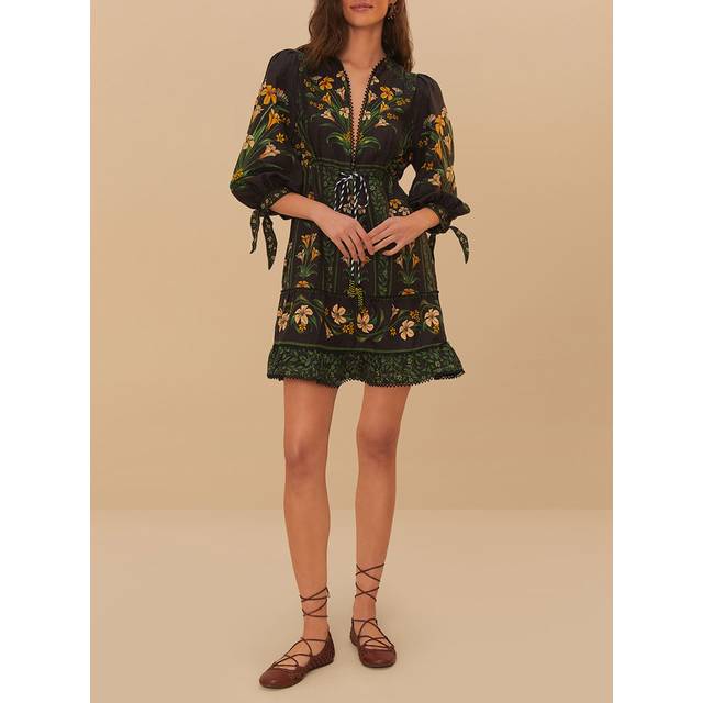 Farm Rio Flowers Arch Linen-Blend Mini Dress - XS - Black