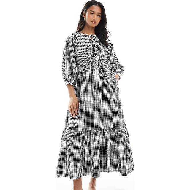New Look Women's Petite Black Checked Tie Neck Midi Dress - UK 6