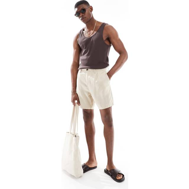 New Look Men's Stone Regular Pleated Linen Blend Shorts - 34R