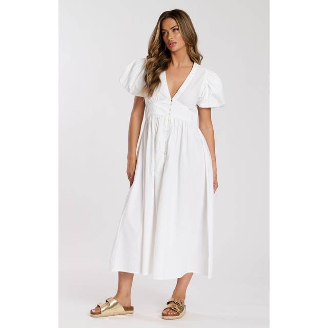 South Beach Puff Sleeve Button Detail Midi Dress