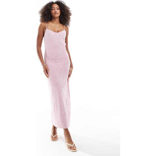 Stradivarius Long linen blend embroidered dress Pastel pink M