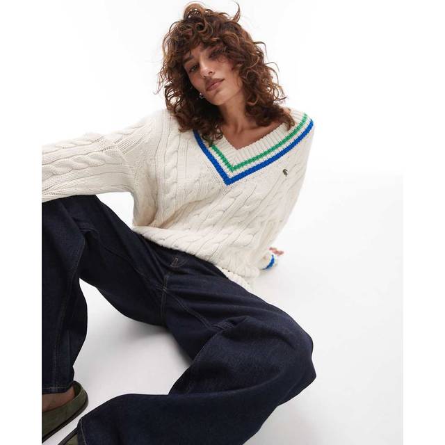 Lacoste V Neck Cable Knit Cotton Tennis Sweater Size 14 White / Green / Blue