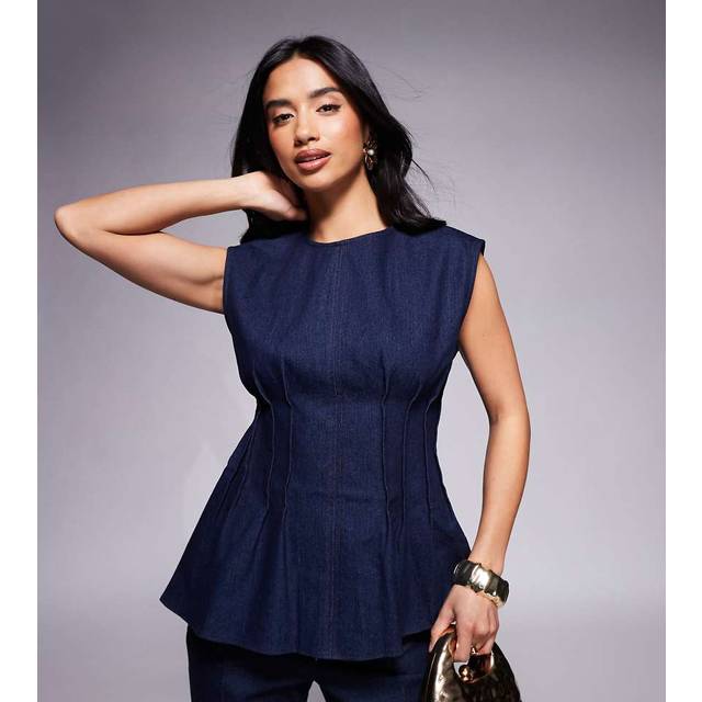 River Island Womens Petite Blue Pintuck Stretch Denim Top - 12
