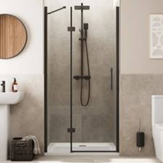 Diamond Frameless Hinged Shower Door 1000mm with 1000 x 700mm Tray and Waste - 8mm Black