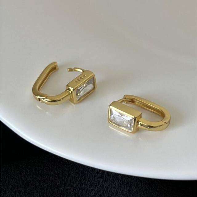 (Gold) 925 Silver Square Zircon U-shaped Hoop Earrings for Women Exquisite Golden Silver Color Geometric Huggies Jewelry Pulseras Mujer