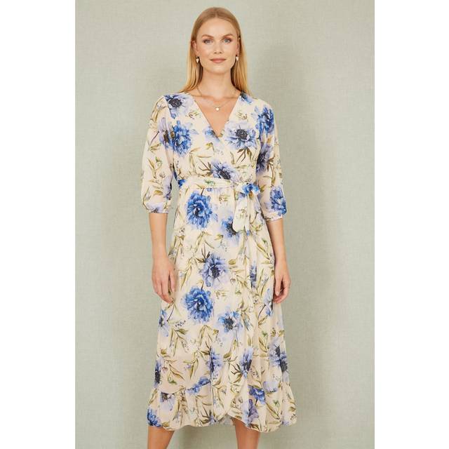 Cream Vintage Floral Wrap Midi Dress With Frill - 14