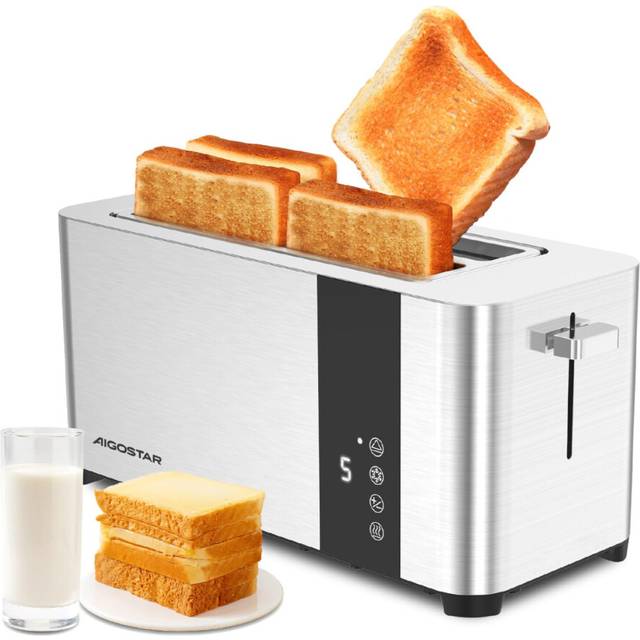 Aigostar 4 Slice Toaster Long Slot, Stainless Steel Toaster Extra Wide Slots, Digital Touch Control with LCD Display, 7 Browning Levels, Cancel