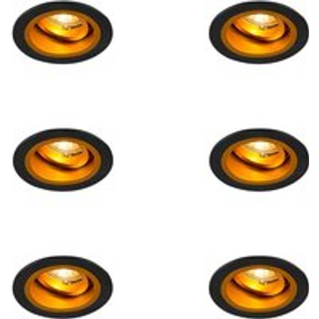 Set med 6 infällda spotlights runda svarta med guld roterbara och lutningsbara - Chuck