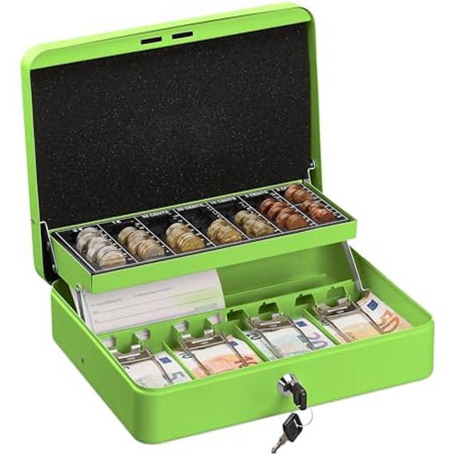 Relaxdays - Cash Box, Coin Counter Tray Lockable Portable Change & Notes, h x w x d: 8.5 x 30.5 x 24.5 cm, Iron, Green