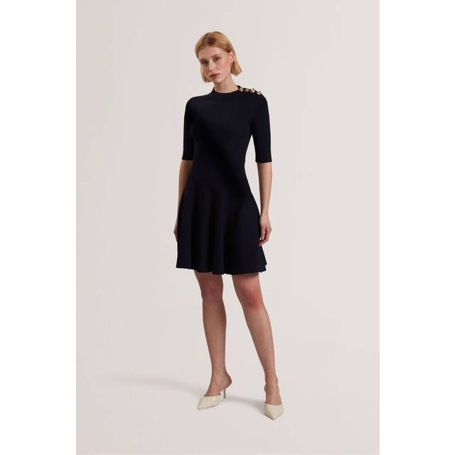 Ted Baker Lilano Ribbed Knit Button Detail Skater Dress, Navy