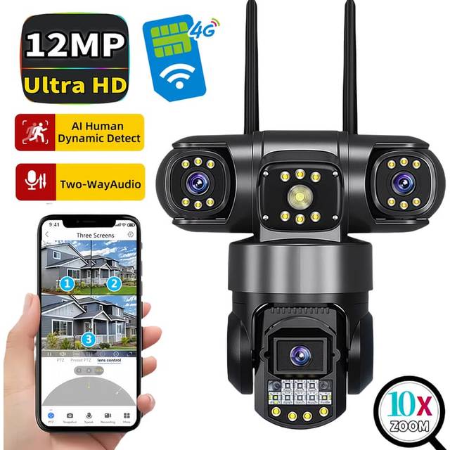 12MP Triple Screens IP66 Outdoor HD Night Vision Ai Human Detect WiFi Surveillance Camera V380 Pro 4G SIM Card IP Security Camera WiFi Camera
