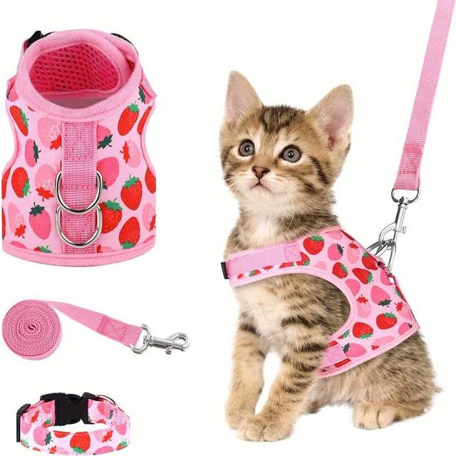 1pc Soft Cat Harness & Leash Set for Kitties/Puppies - Peach-M