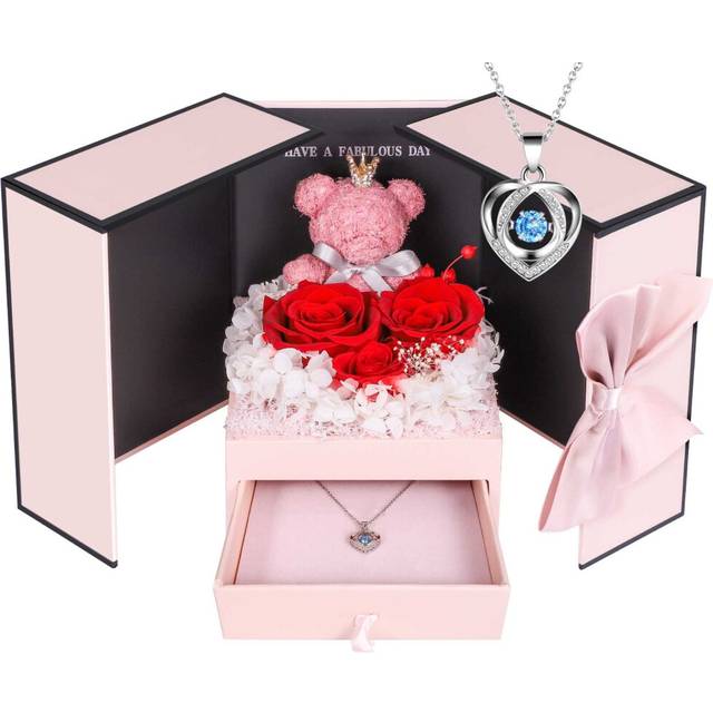 ADDWel Romantic Roses Gifts for Her, Preserved Roses Forever Flowers with Sterling Silver Necklace for Wife Girlfriend on Birthday Anniversary Mothers