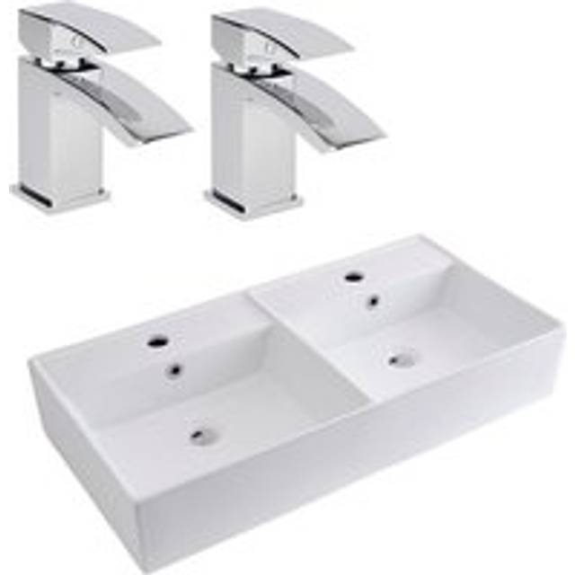 Milano - Dalton - Modern 820mm x 420mm White Ceramic Rectangular Countertop Wall Mounted Bathroom Double Basin Sink - With Mixer Tap