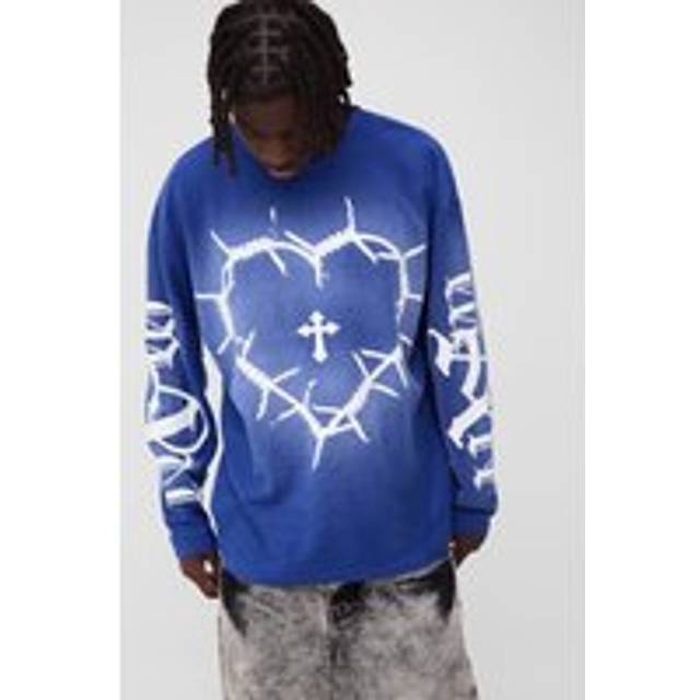 Oversized Reverse Loopback Heart Print Long Sleeve Spray Wash T-Shirt - Blue - S