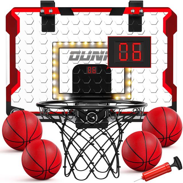 TEMI Basketball Hoop Indoor, LED Lights and Sounds Basketball Hoop with 4 Balls & Electronic Scoreboard, Over The Door Basketball Hoop, Basketball