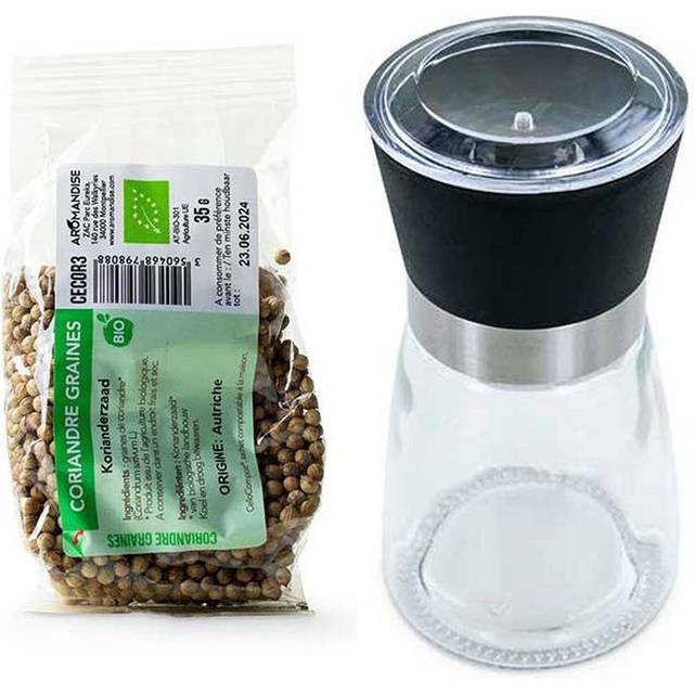 Glass and ceramic spice mill + organic coriander seeds