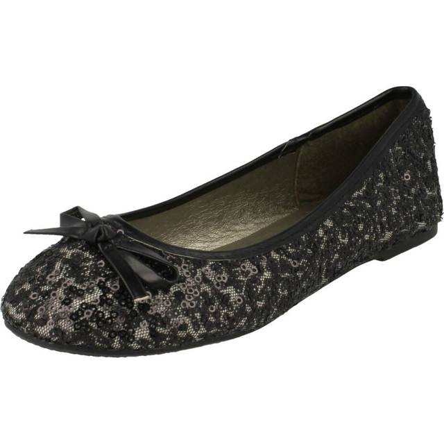(UK 10 Child, Black) Girls Spot On Flat Bow Trim Sequined Ballerina