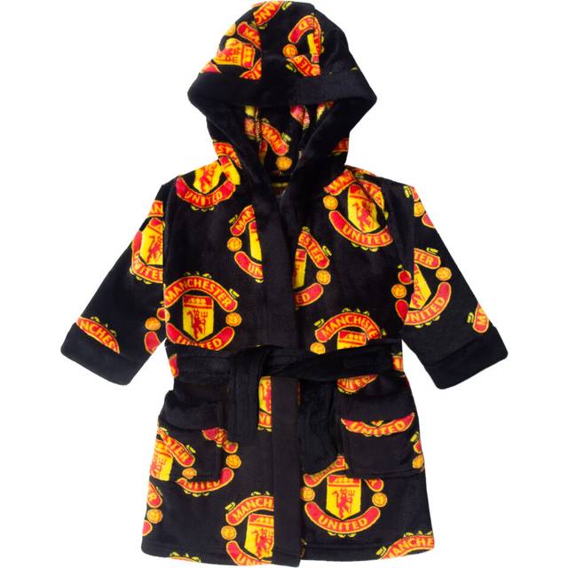 (Black - AOP, 2-3 Years) Manchester United Baby Dressing Gown Toddler Robe Hooded Fleece OFFICIAL Gift