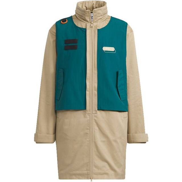 Men's adidas originals Mr Parka Detachable Contrasting Colors Vest Mid-Length Hooded logo Jacket Khaki - KHAKI