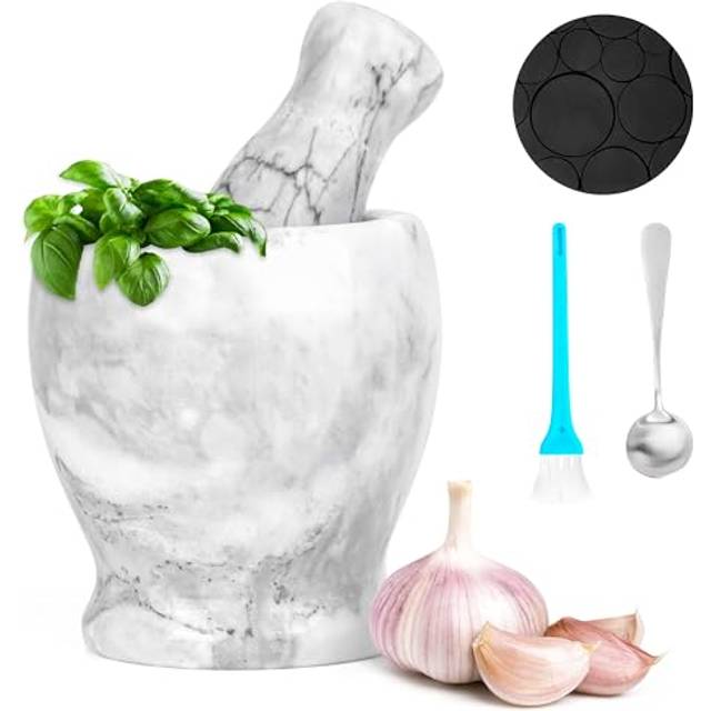 Winter Shore Uppsättning Mortel och Mortelstöt i Marmor - 10 x 10,5 cm, 250 ml Ljusgrå Stenmortel med Silikonmatta, Sked & Borste i Rostfritt Stål - För att Mala Kryddor, Örter, Guacamole & Pesto