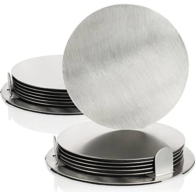 COM-FOUR® 14-delad glasunderläggset med hållare - glasunderlägg i rostfritt stål för drinkar - runda stålunderlägg - silverfärgade (014 st - silverfärgad)