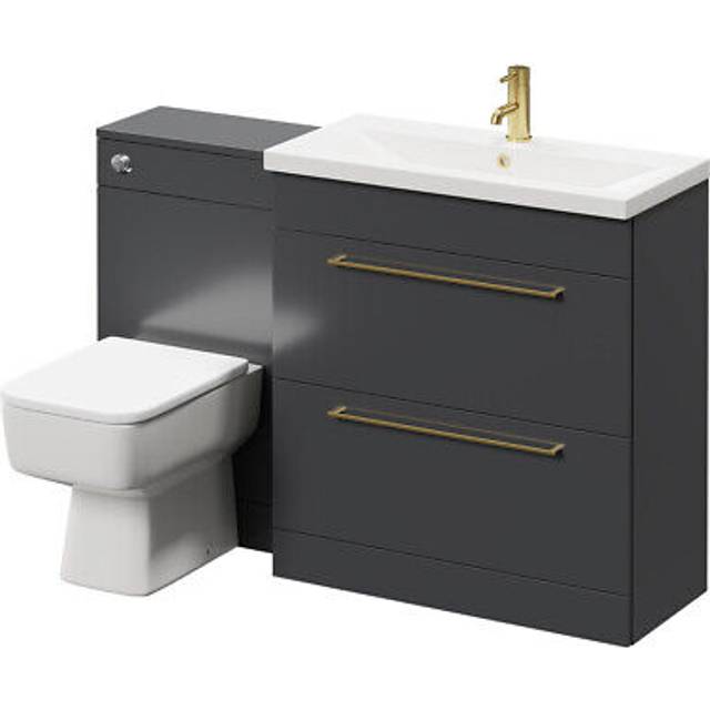 Napoli 390 Vanity Unit Toilet Suite with 1 Tap Hole Basin and 2 Drawers with Brushed Brass Handles | Gloss Grey | ABS Polished Chrome | 1300mm