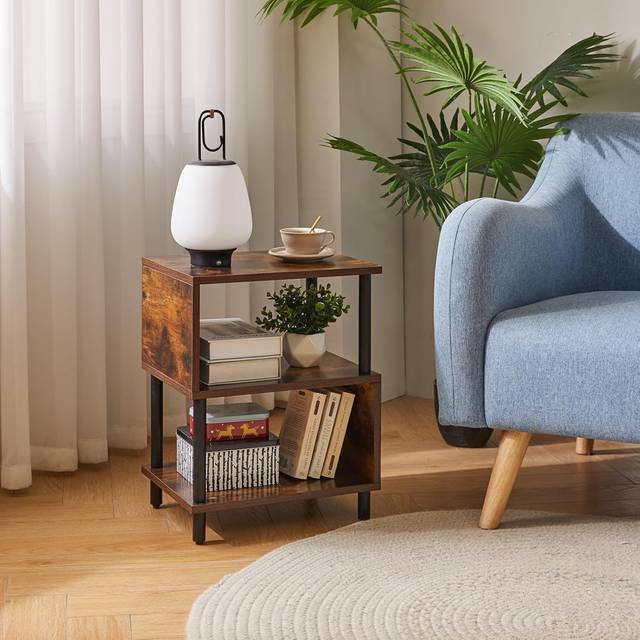 3 Tier S-shaped Design Side Table, Sofa Side Table, Narrow End Table with Storage Shelf - Brown (50.5cm H X 40cm W X 30cm D)