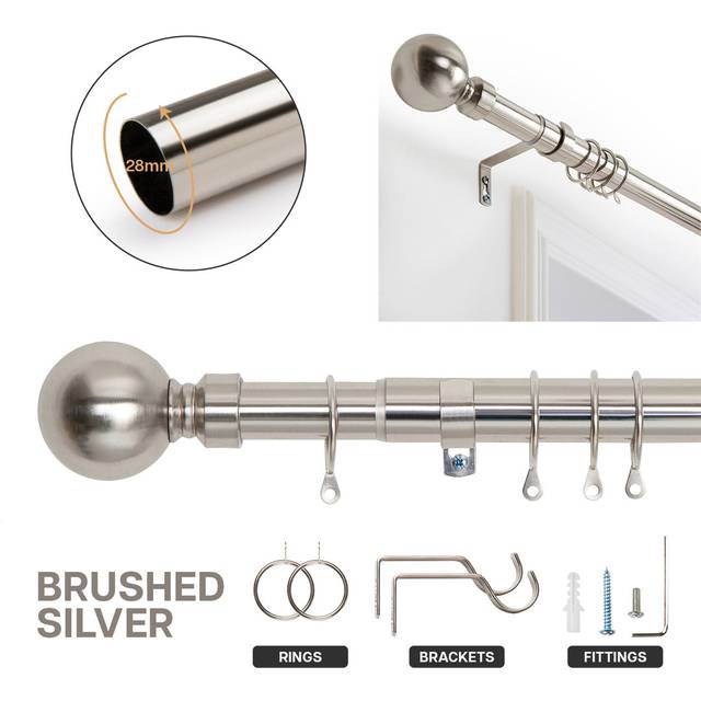 Heavy-Duty Adjustable Curtain Pole with Finials - Brushed Silver (1.96&#34; H x 47.24&#34; W x 1.18&#34; D)