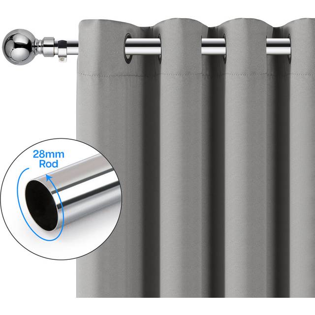 Extendable Plain Metal Curtain Pole And Hardware Set with Finials - Chrome (5cm H x 120cm W x 2cm D)