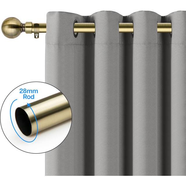 Extendable Plain Metal Curtain Pole And Hardware Set with Finials - Antique Brass (5cm H x 210cm W x 2cm D)