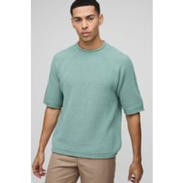 Regular Fit Waffle Raw Trim Knitted T-Shirt - Green - M