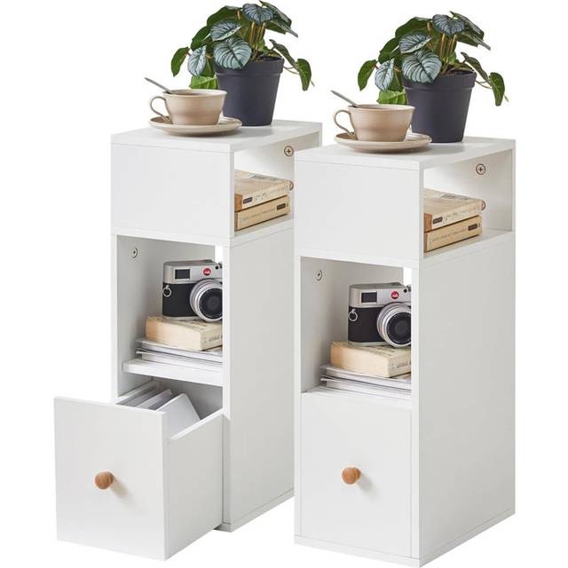 Slim Bedside Table Set of 2, Small Narrow Nightstand with 2 Open Compartments and 1 Drawer - White (55cm H X 20cm W X 29cm D)