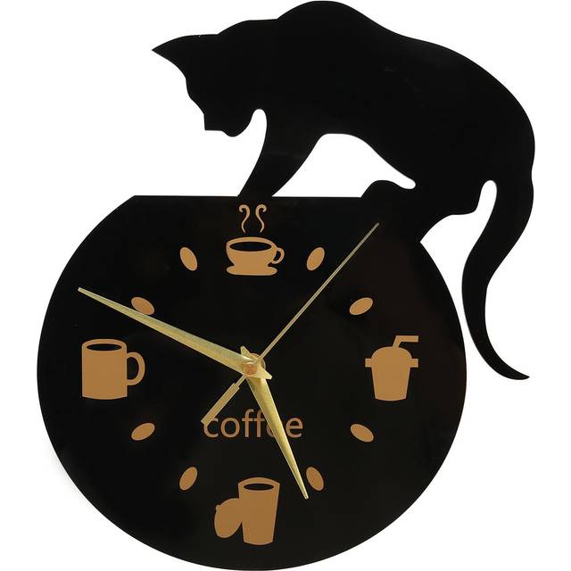Kitchen Wall Clock Coffee Cat 3D Effect Durable Acrylic Mute Movement Frameless Design Waterproof