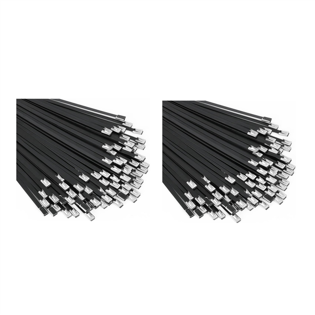 Metal Zip Ties Black 200Pcs 11.8 Inch 304 Stainless Steel Epoxy Coated Cable Tie for Machinery, Vehicles, Farms, Cables