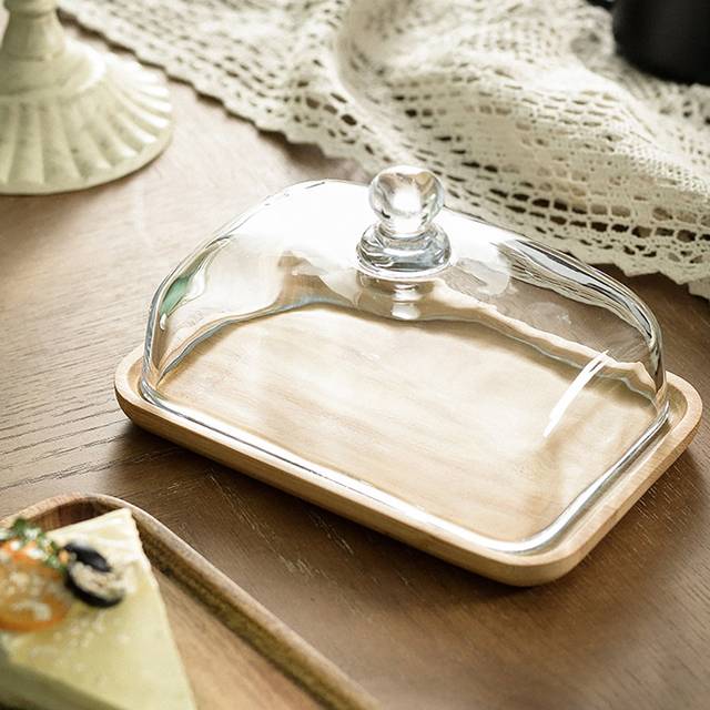 Wooden Butter Dish With Clear Glass Lid - Beige