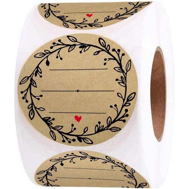 2 Inch Wreath Design With 3 Lines To Write (500 Labels Per Roll) Natural Brown Kraft Stickers