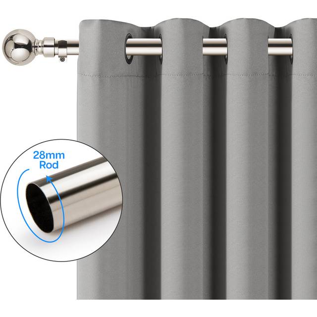 Extendable Plain Metal Curtain Pole And Hardware Set with Finials - Brushed Silver (5cm H x 120cm W x 2cm D)