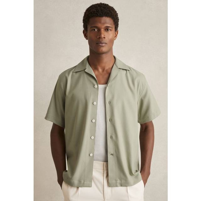 Reiss Nitus Herringbone Twill Cuban Collar Short Sleeve Shirt