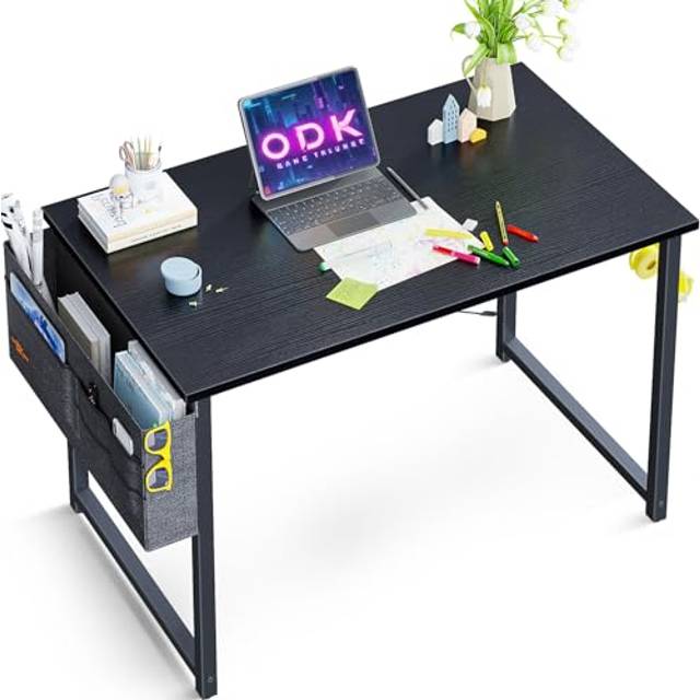 ODK litet skrivbord, datorbord kontorsbord med hörlurshållare och förvaringsväska, skrivbord litet arbetsrum trä PC bord kontorsbord för hem, kontor (svart, 80 × 40 × 73,2 cm CJJJZ-01
