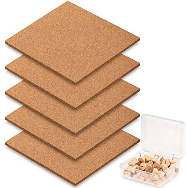 5 Pack Square Cork Board Tiles with Full Sticky Back, Big Size Cork Board, Small Wall Bulletin Boards Mini Pin Board with 40 Push Pins for Pictures,