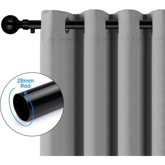 Extendable Plain Metal Curtain Pole And Hardware Set with Finials - Matte Black (5cm H x 120cm W x 2cm D)