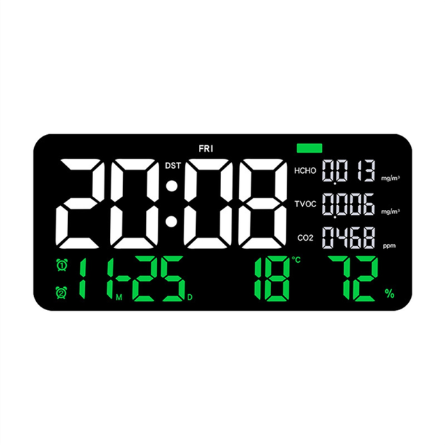 LED Digital Wall Clock Formaldehyde/CO2/TVOC Display green